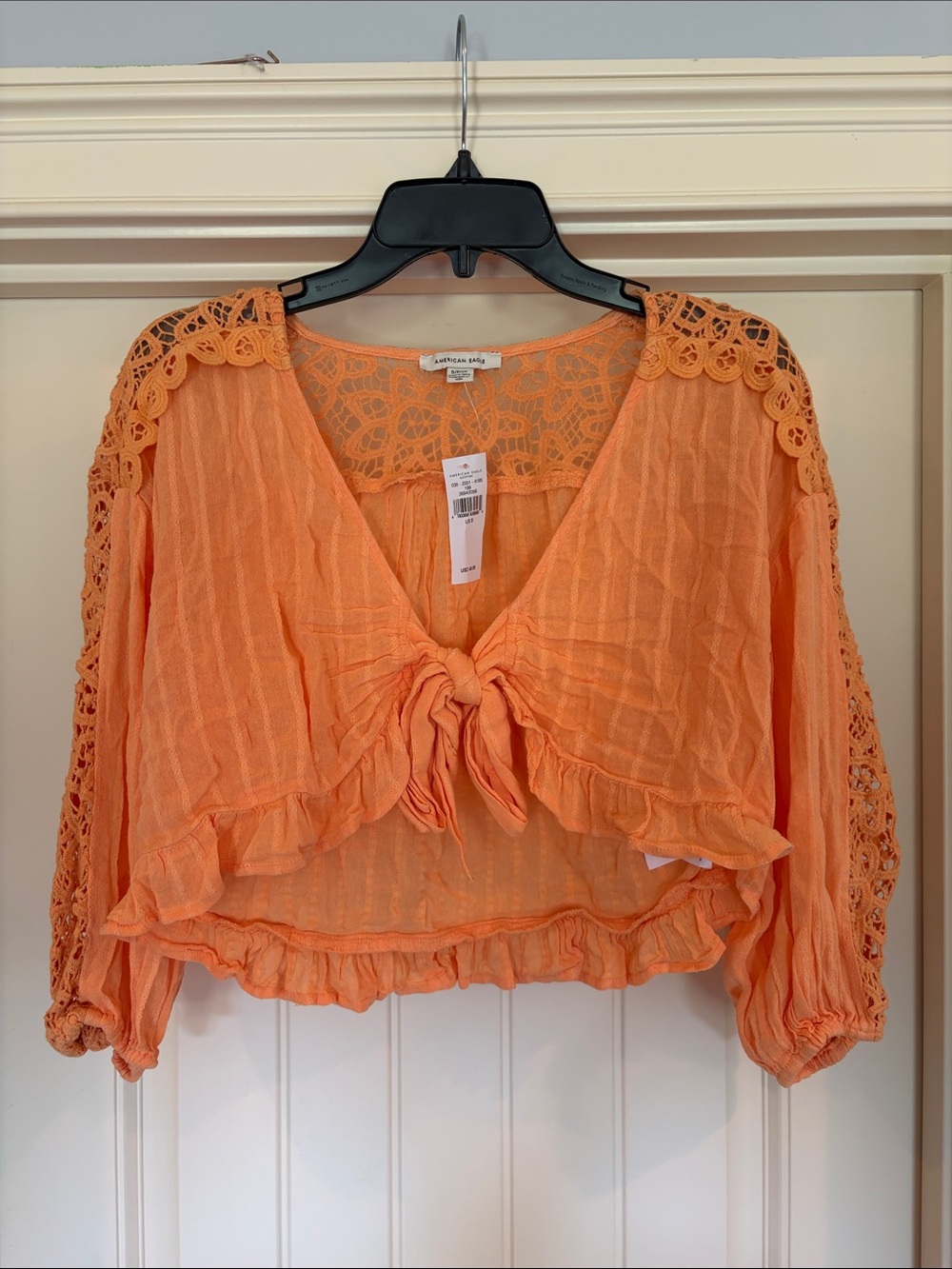 American Eagle Outfitters Orange Crochet-Sleeve Tie-Front Crop Top